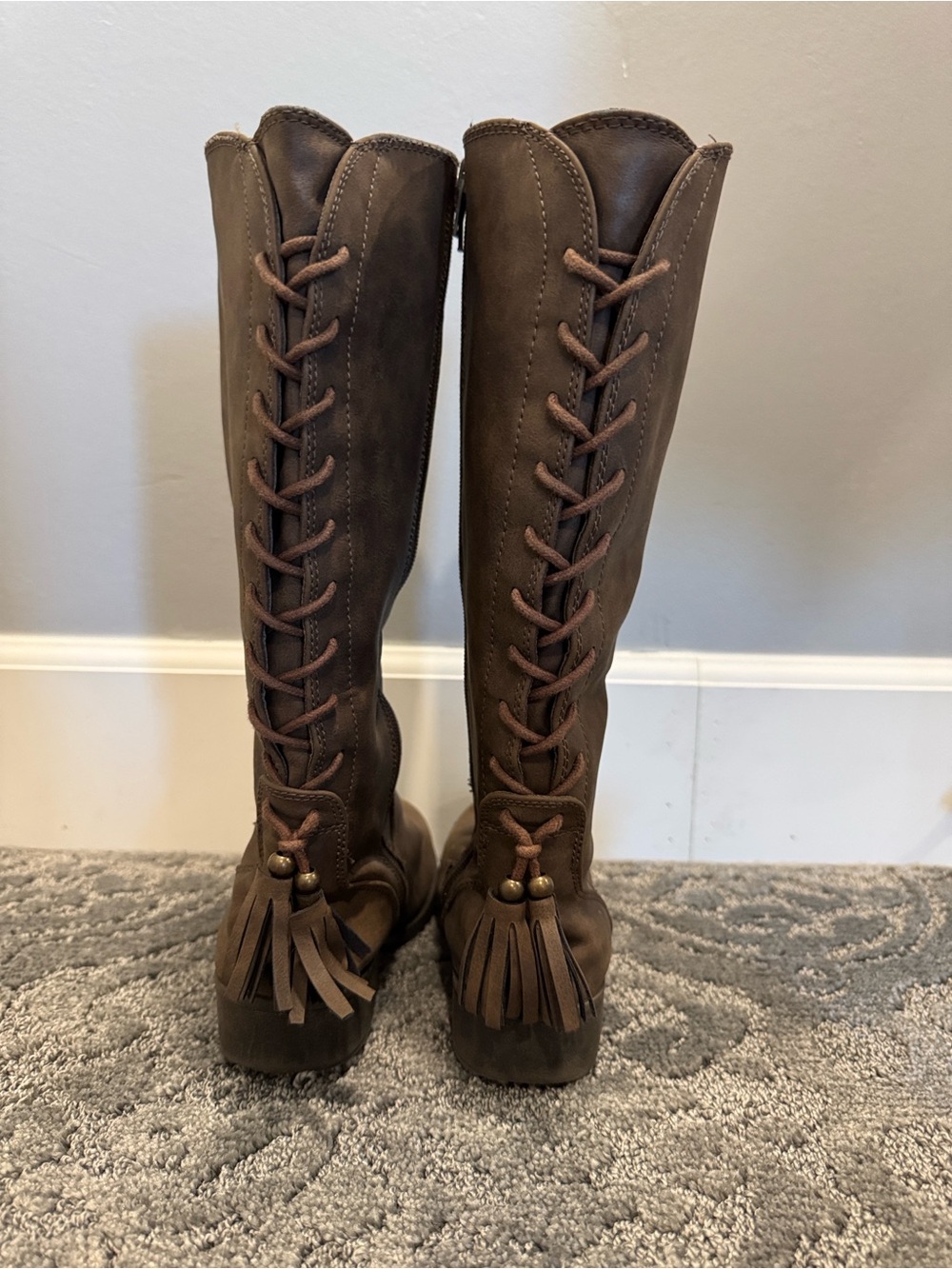 Steve Madden Girls Brown Fringe Corset Lace Up Tall Riding Boots 2